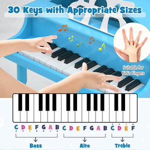30-Key Wood Toy Kids Grand Piano with Bench and Music Rack-Blue view 7