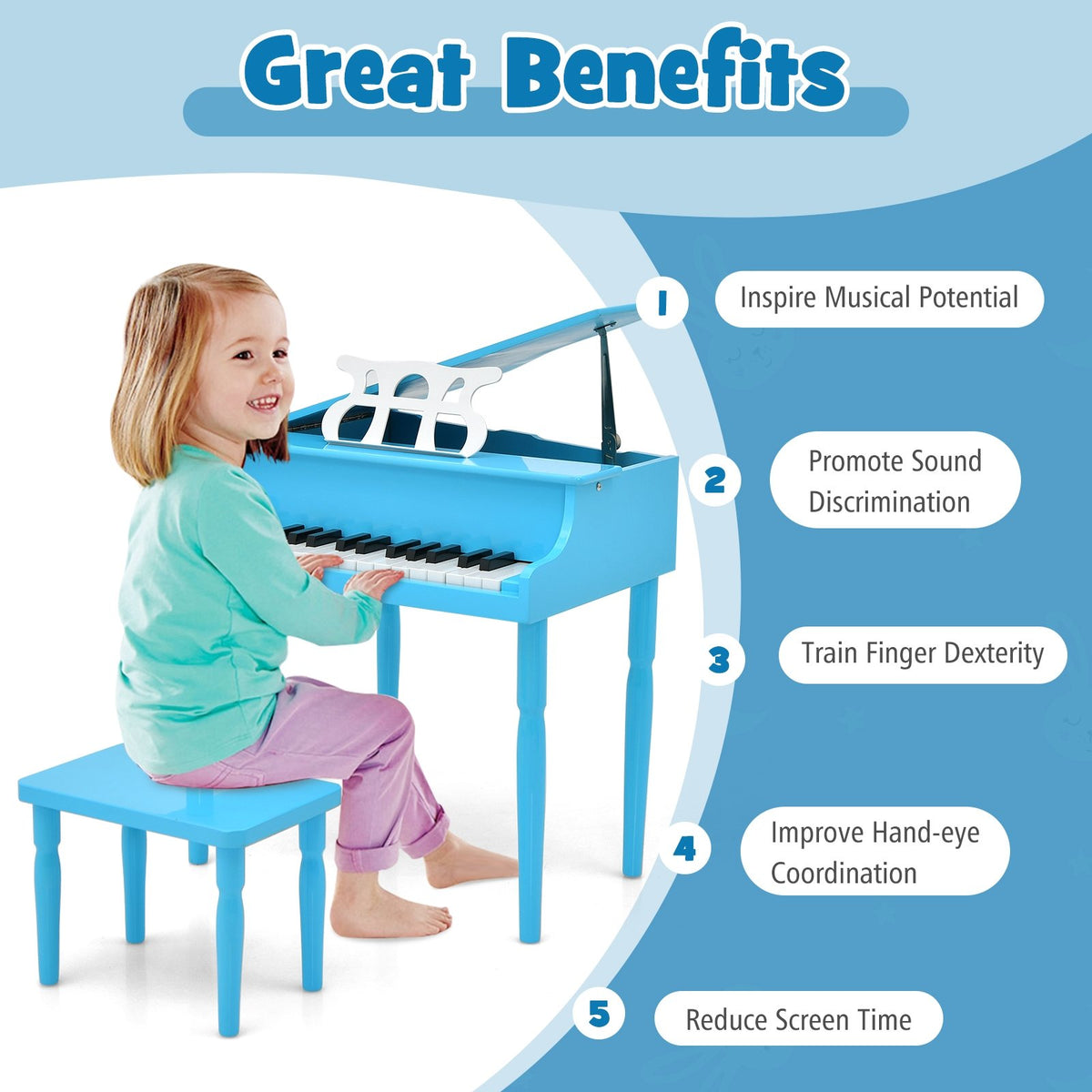 30-Key Wood Toy Kids Grand Piano with Bench and Music Rack-Blue view 9