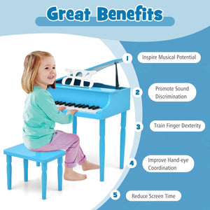 30-Key Wood Toy Kids Grand Piano with Bench and Music Rack-Blue view 9