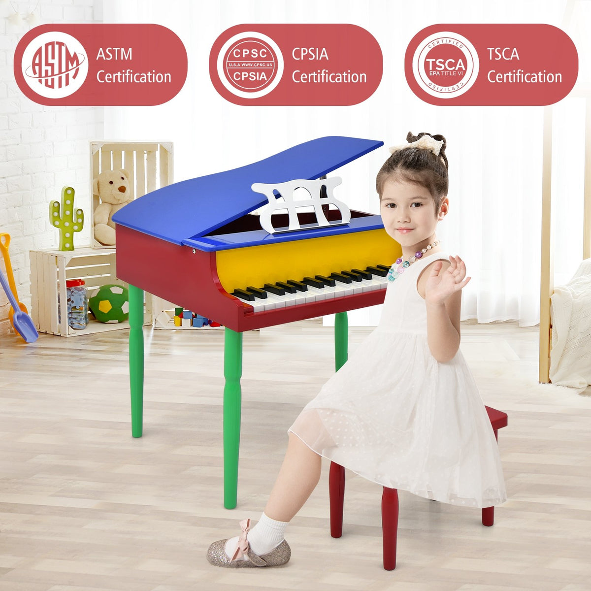 30-Key Wood Toy Kids Grand Piano with Bench and Music Rack-Multicolor view 3