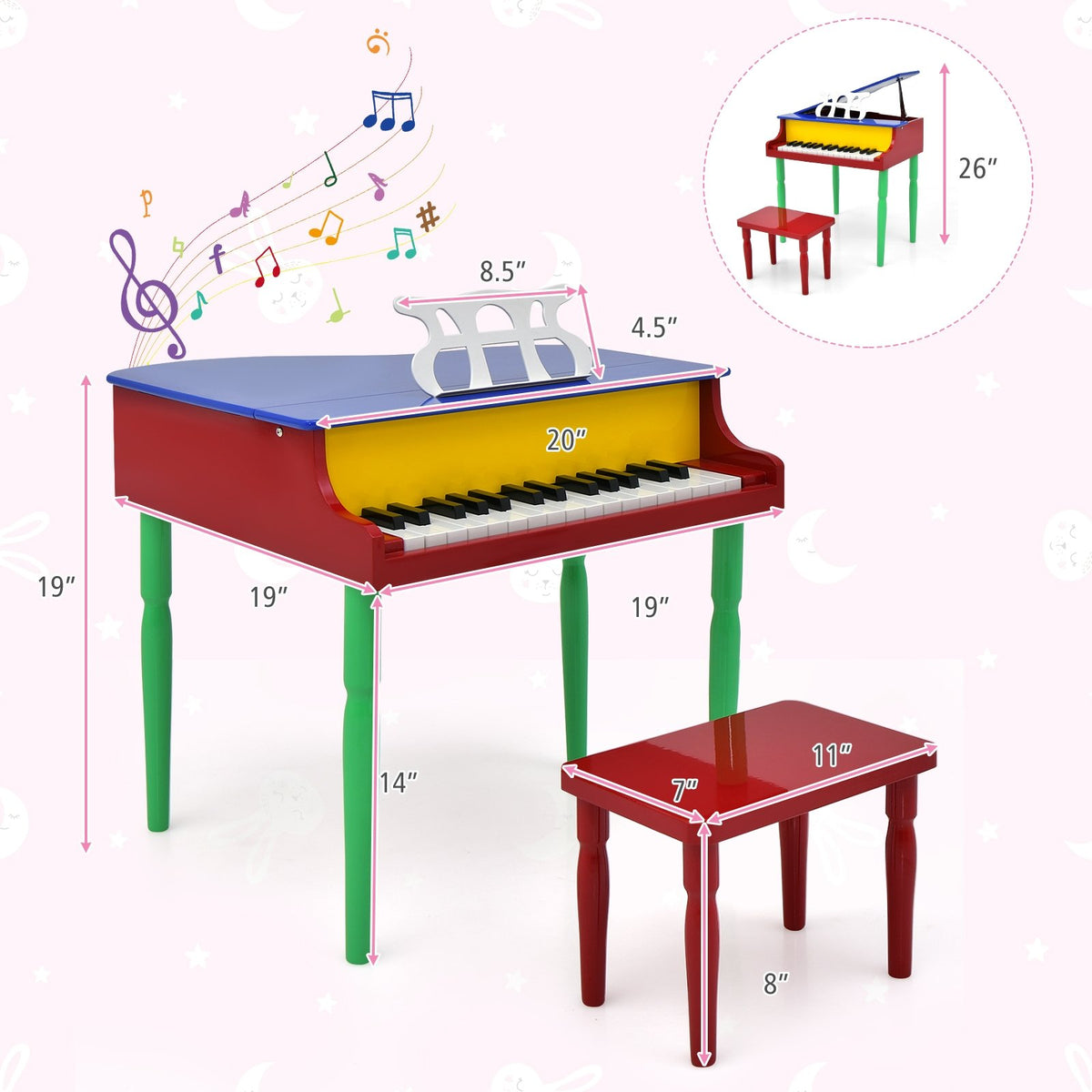 30-Key Wood Toy Kids Grand Piano with Bench and Music Rack-Multicolor view 5