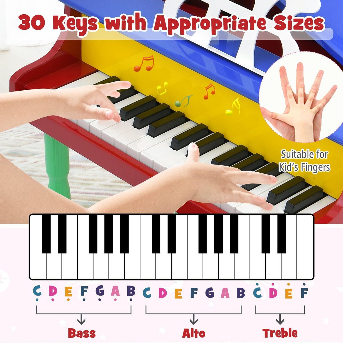 30-Key Wood Toy Kids Grand Piano with Bench and Music Rack-Multicolor view 7