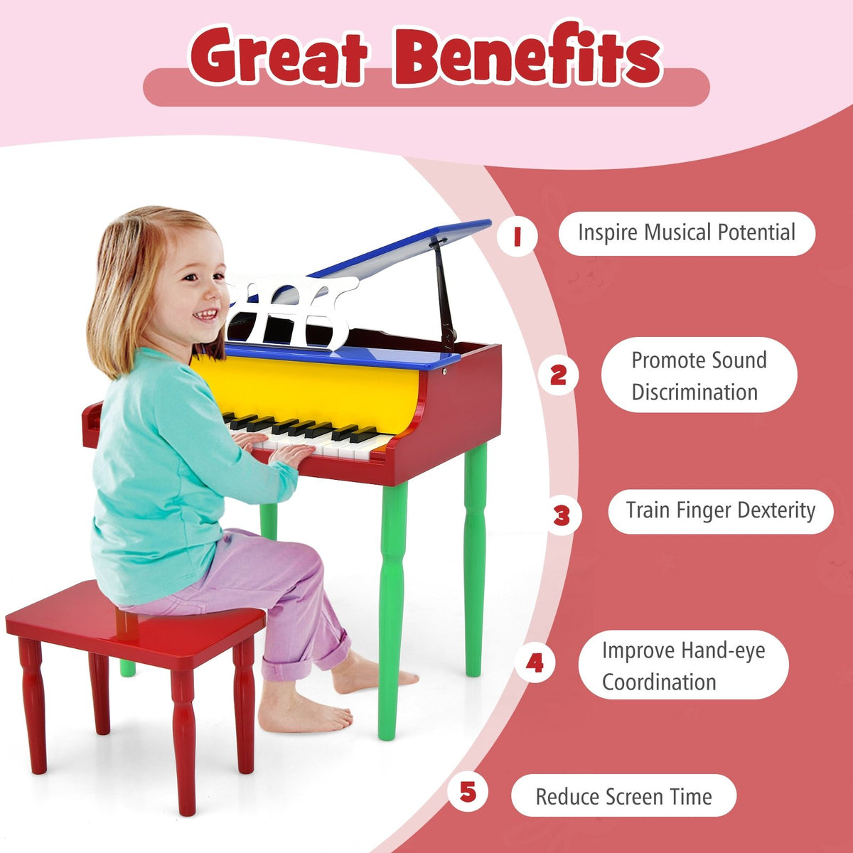 30-Key Wood Toy Kids Grand Piano with Bench and Music Rack-Multicolor view 9