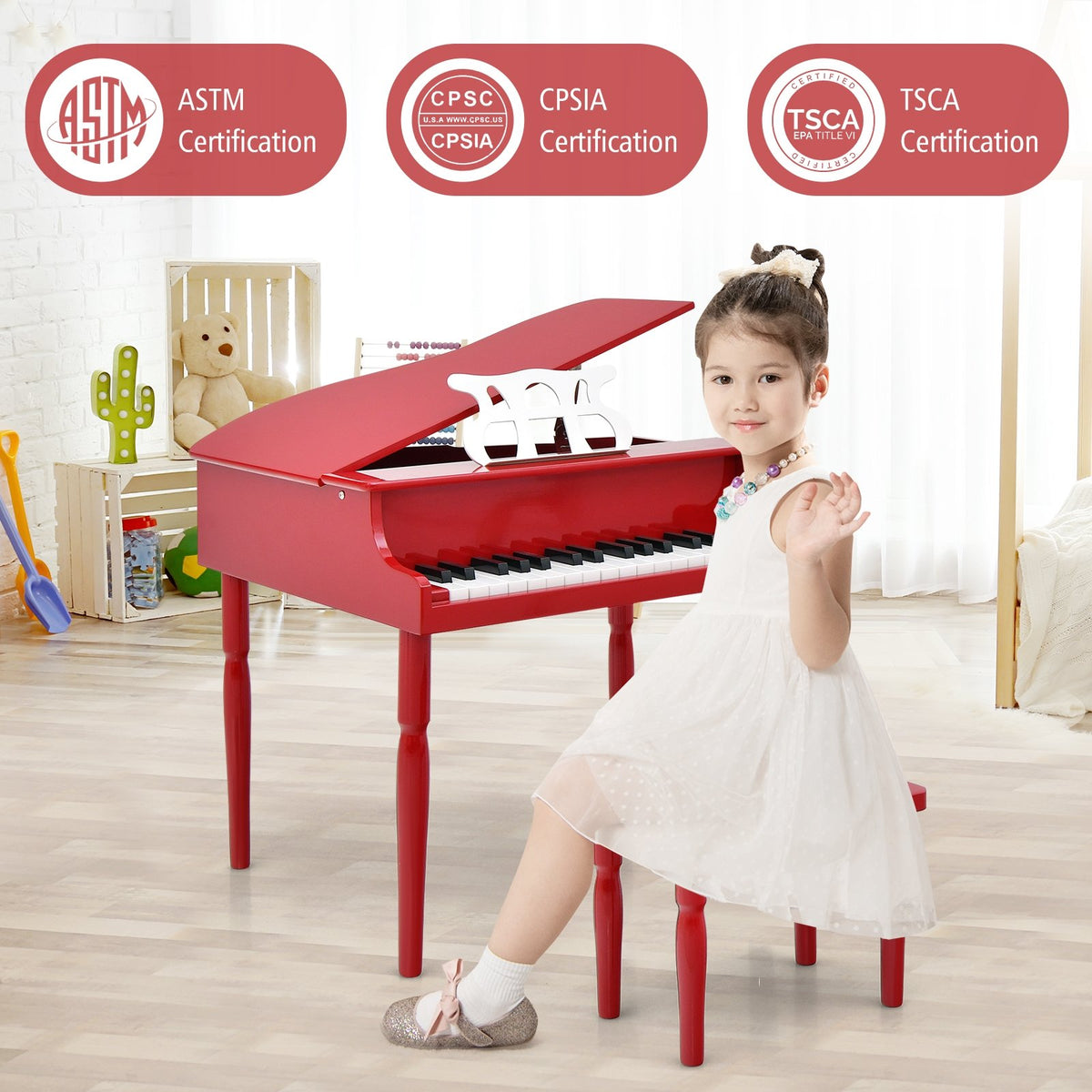 30-Key Wood Toy Kids Grand Piano with Bench and Music Rack-Red view 3