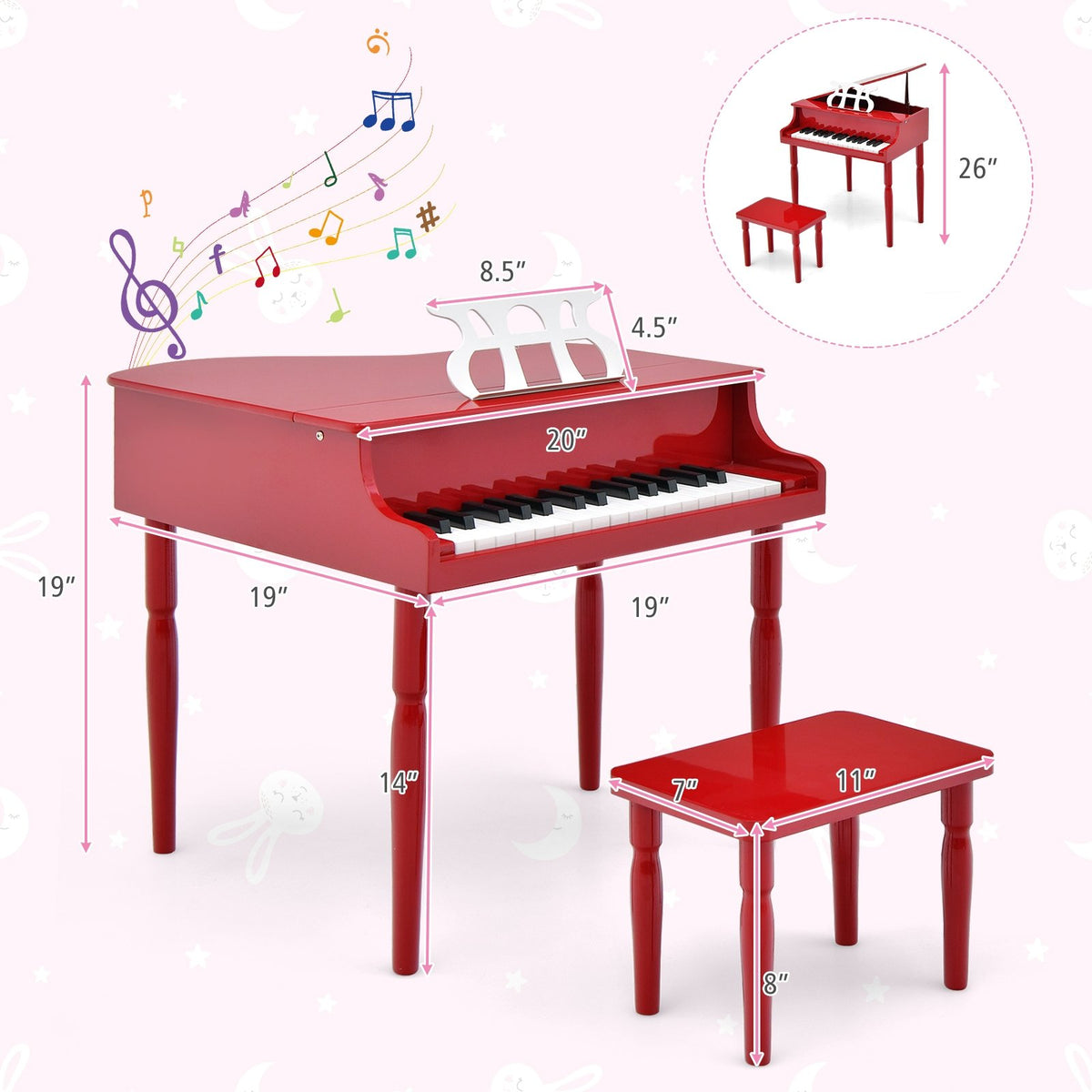 30-Key Wood Toy Kids Grand Piano with Bench and Music Rack-Red view 5