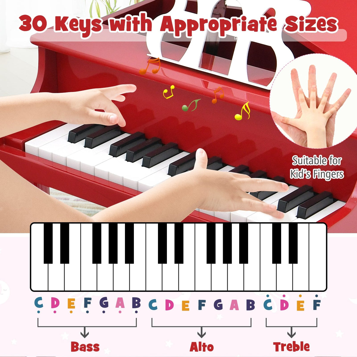 30-Key Wood Toy Kids Grand Piano with Bench and Music Rack-Red view 7