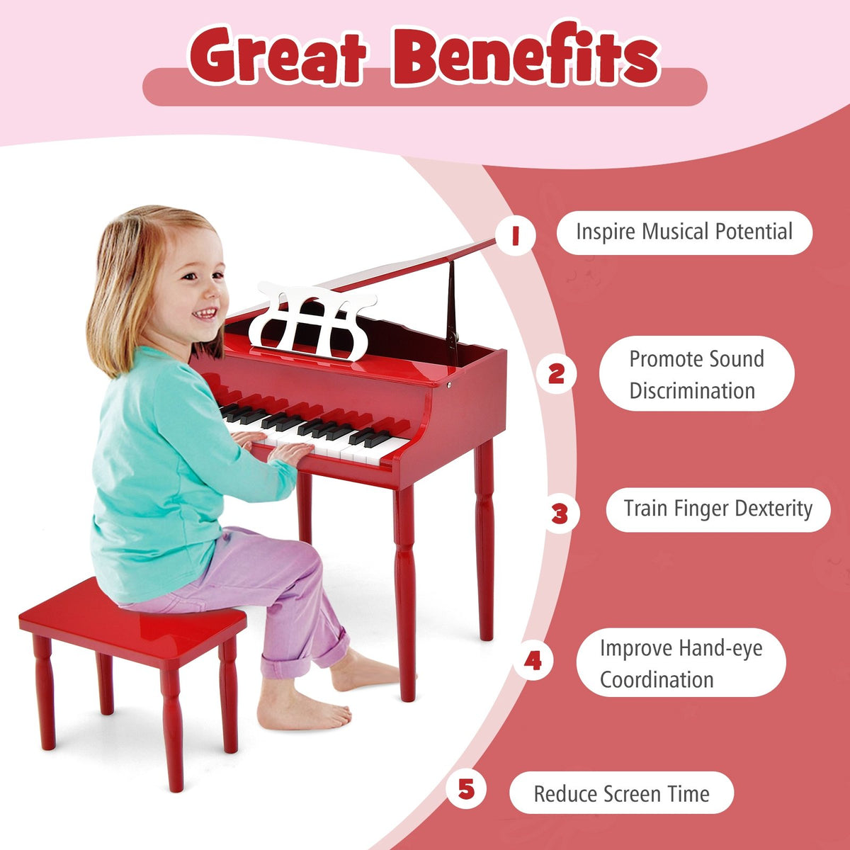 30-Key Wood Toy Kids Grand Piano with Bench and Music Rack-Red view 9