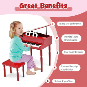 30-Key Wood Toy Kids Grand Piano with Bench and Music Rack-Red view 9