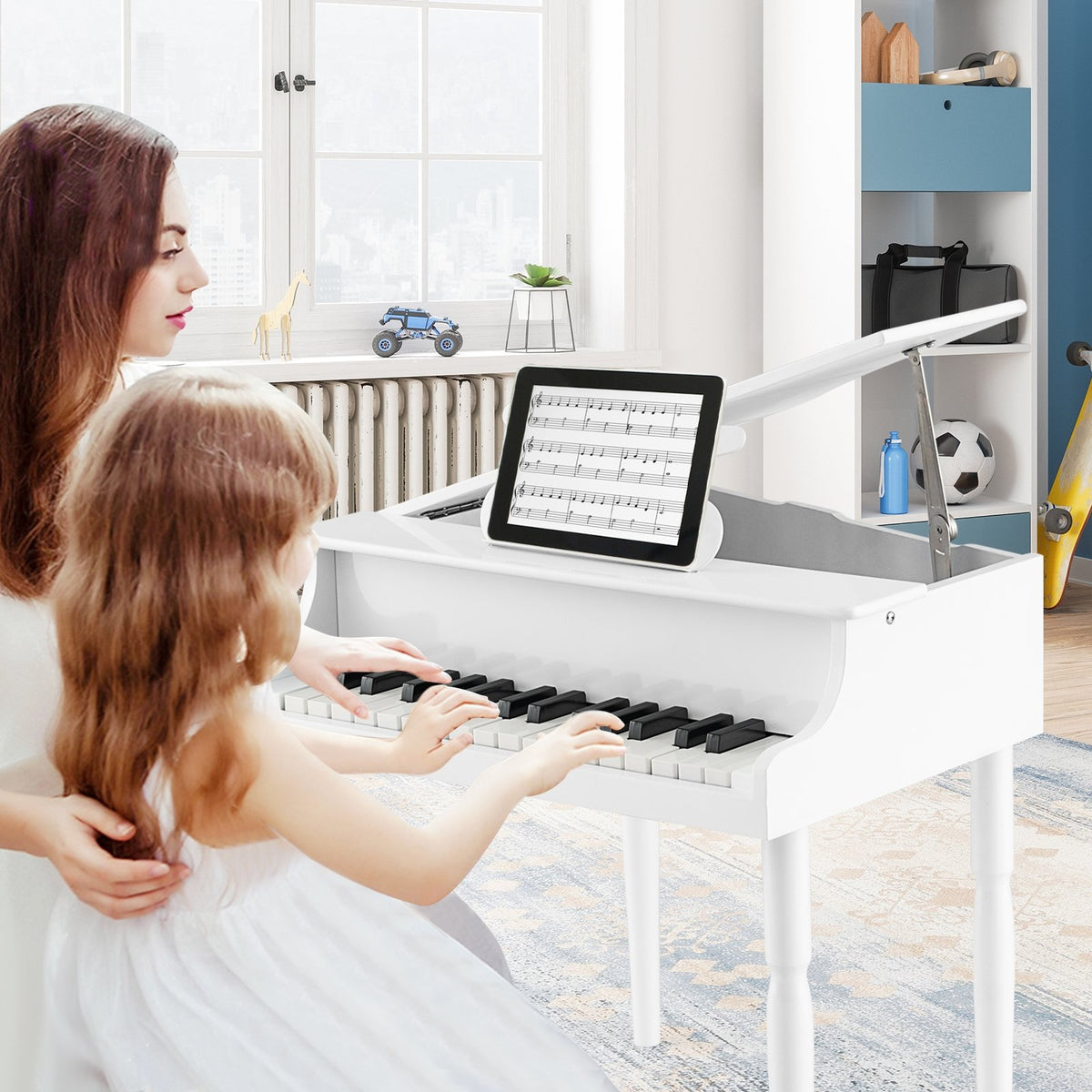 30-Key Wood Toy Kids Grand Piano with Bench and Music Rack-White view 2