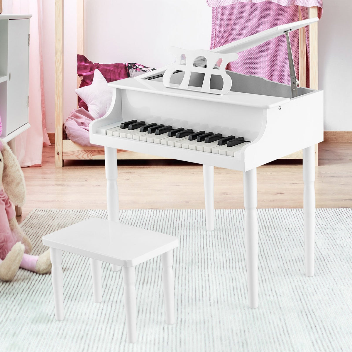 30-Key Wood Toy Kids Grand Piano with Bench and Music Rack-White view 3