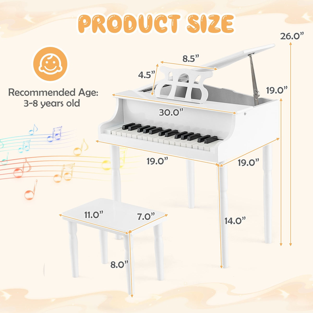 30-Key Wood Toy Kids Grand Piano with Bench and Music Rack-White view 4