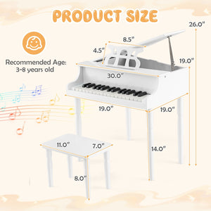 30-Key Wood Toy Kids Grand Piano with Bench and Music Rack-White view 4