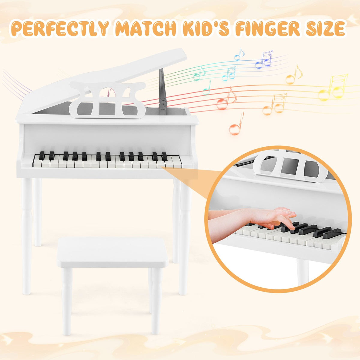 30-Key Wood Toy Kids Grand Piano with Bench and Music Rack-White view 5