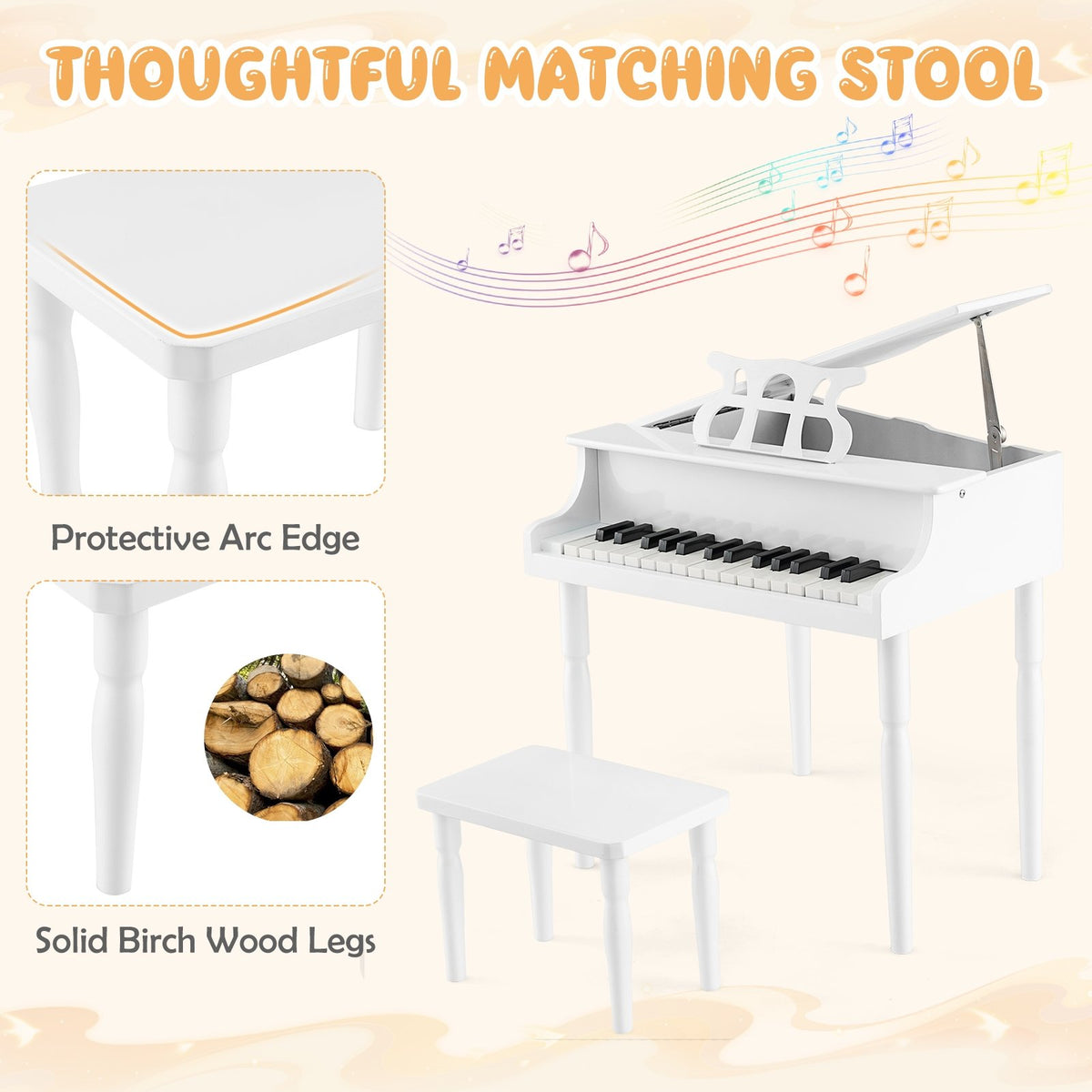 30-Key Wood Toy Kids Grand Piano with Bench and Music Rack-White view 7