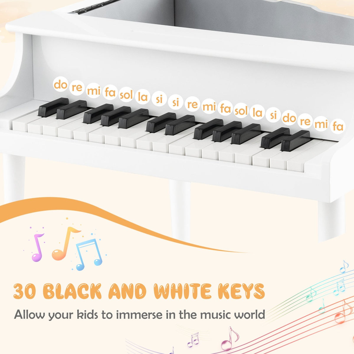 30-Key Wood Toy Kids Grand Piano with Bench and Music Rack-White view 8