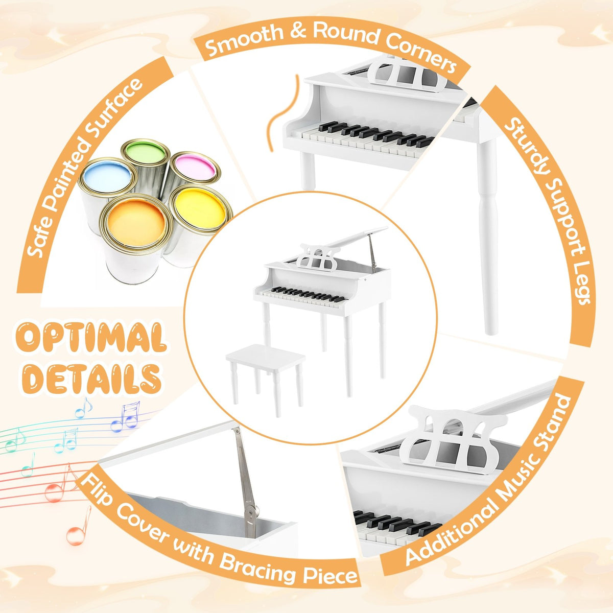 30-Key Wood Toy Kids Grand Piano with Bench and Music Rack-White view 9