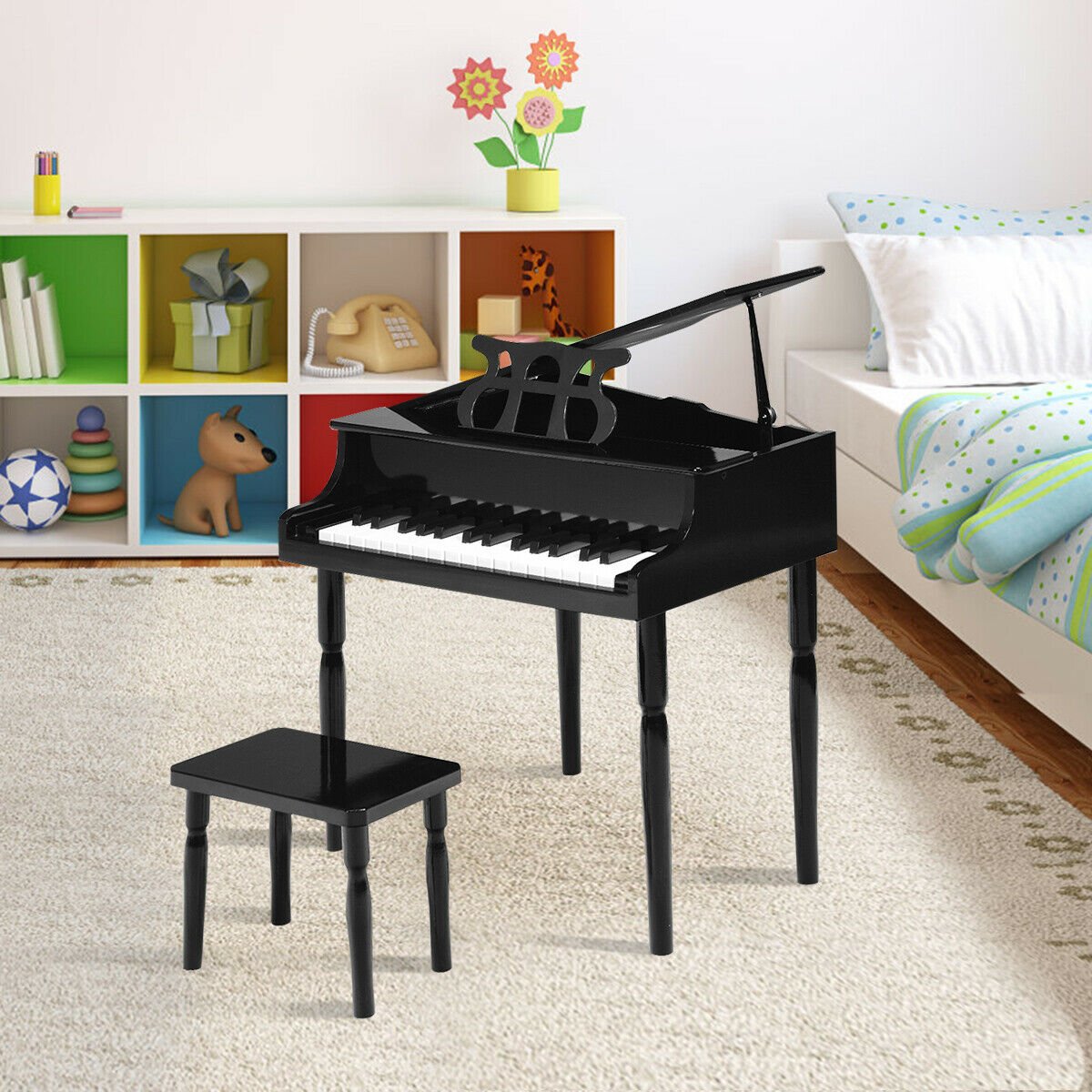 30-Key Wood Toy Kids Grand Piano with Bench and Music Rack-Black view 2