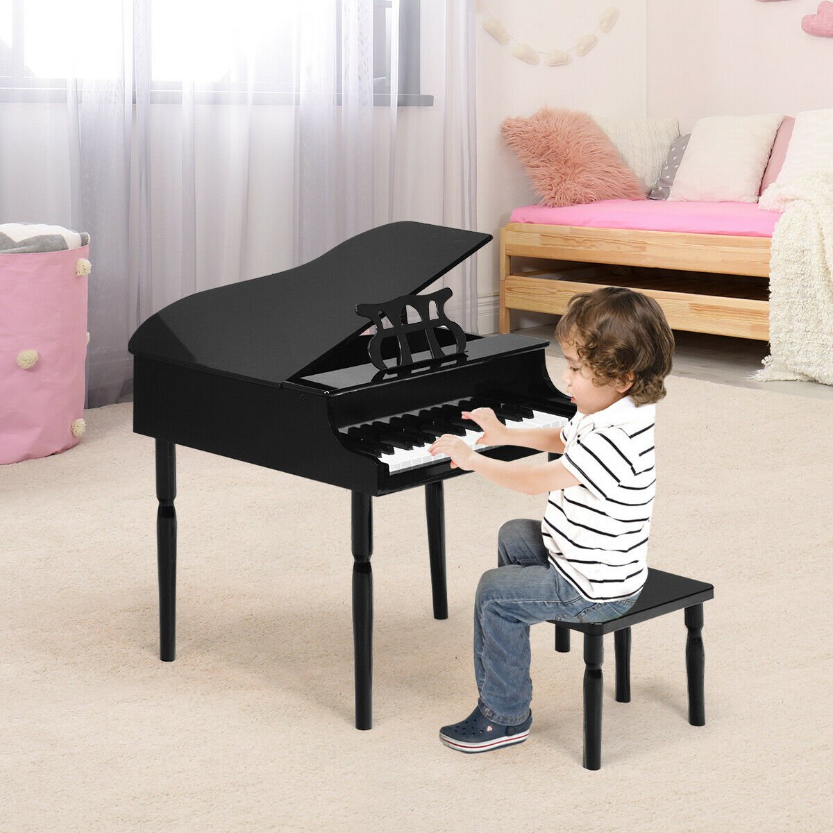 30-Key Wood Toy Kids Grand Piano with Bench and Music Rack-Black view 3