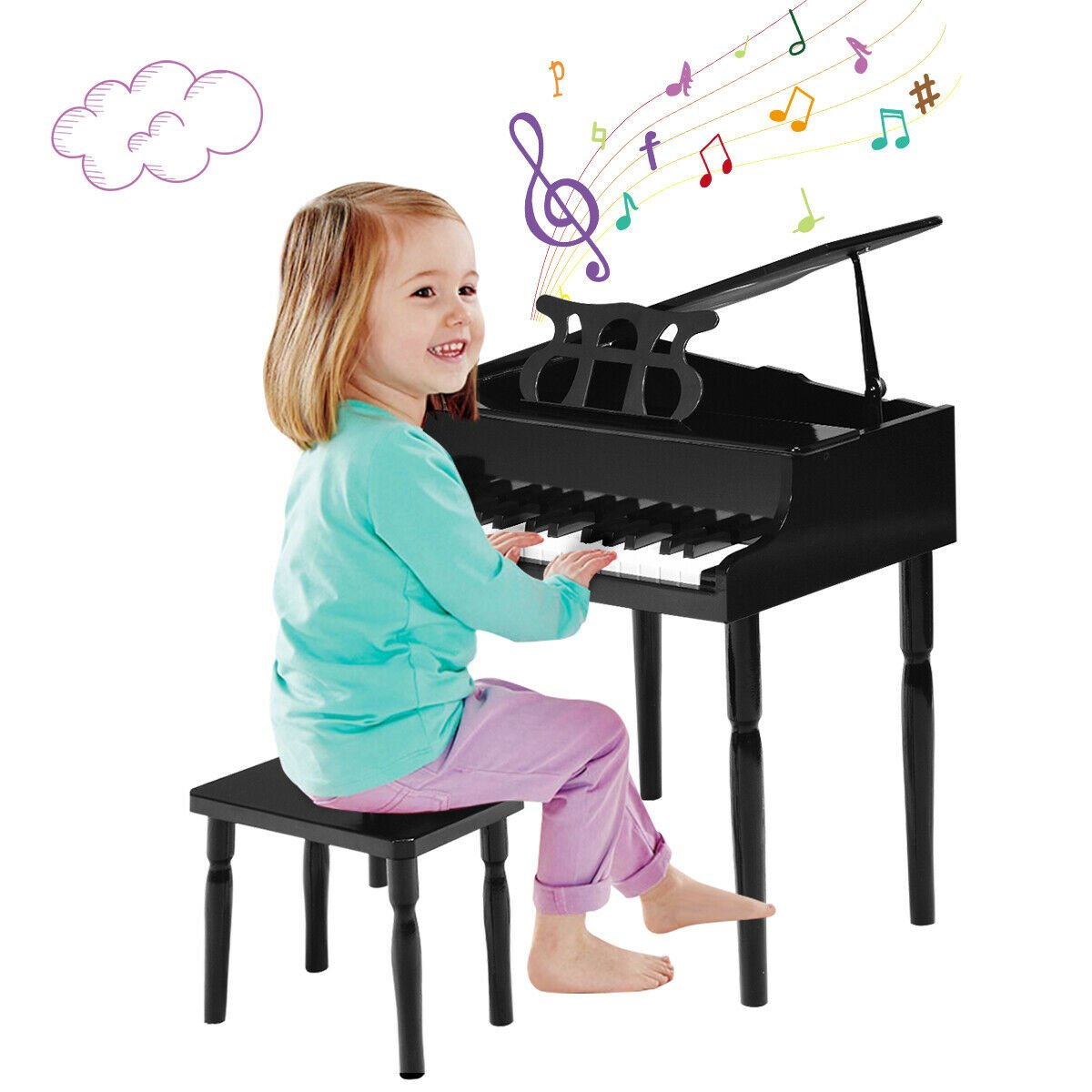 30-Key Wood Toy Kids Grand Piano with Bench and Music Rack-Black view 4