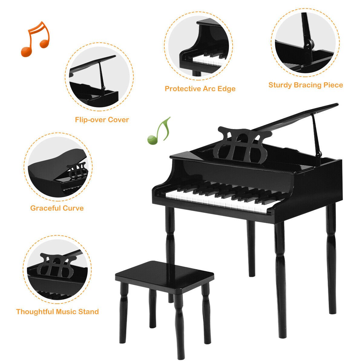 30-Key Wood Toy Kids Grand Piano with Bench and Music Rack-Black view 7