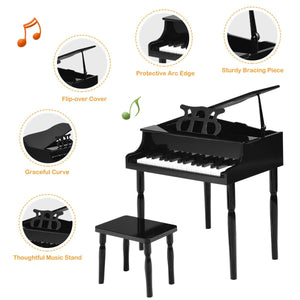 30-Key Wood Toy Kids Grand Piano with Bench and Music Rack-Black view 7