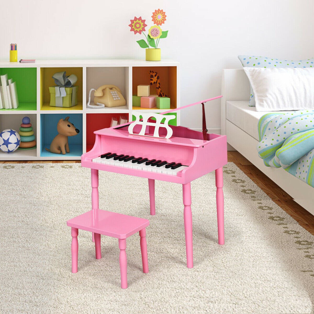 30-Key Wood Toy Kids Grand Piano with Bench and Music Rack-Pink view 2