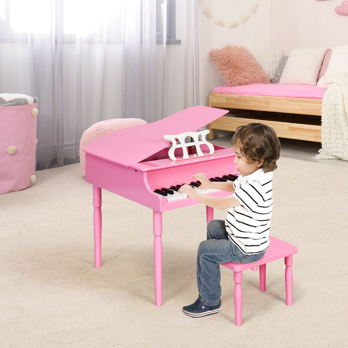 30-Key Wood Toy Kids Grand Piano with Bench and Music Rack-Pink view 3