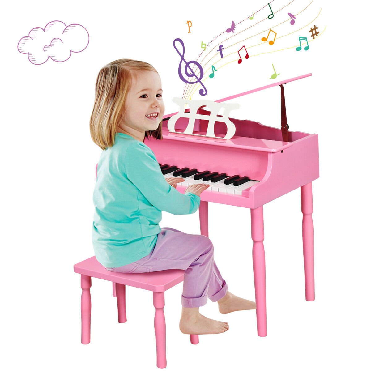 30-Key Wood Toy Kids Grand Piano with Bench and Music Rack-Pink view 4