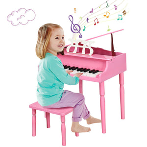 30-Key Wood Toy Kids Grand Piano with Bench and Music Rack-Pink view 4