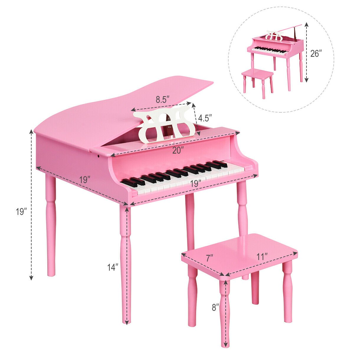 30-Key Wood Toy Kids Grand Piano with Bench and Music Rack-Pink view 5