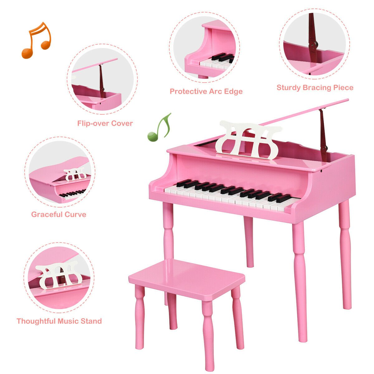 30-Key Wood Toy Kids Grand Piano with Bench and Music Rack-Pink view 8