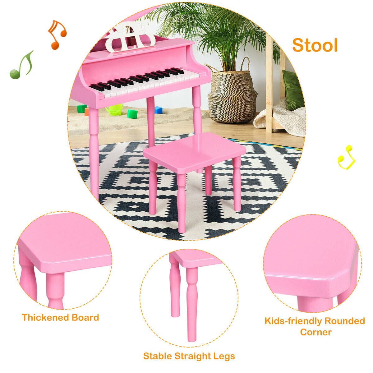 30-Key Wood Toy Kids Grand Piano with Bench and Music Rack-Pink view 9