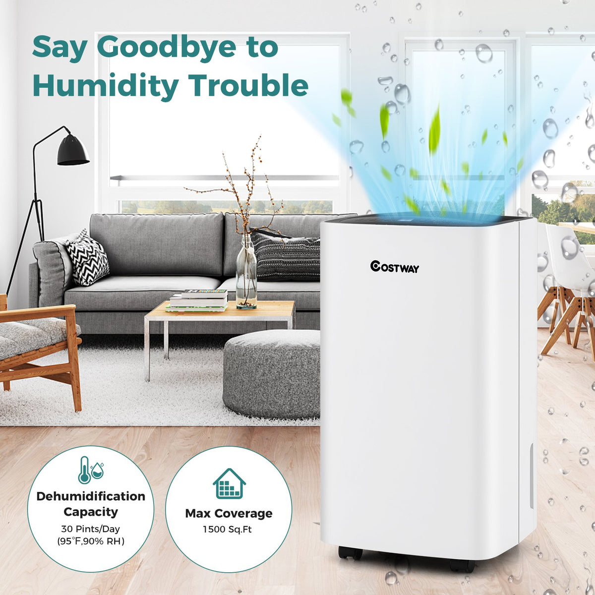 30 Pints 1500 Sq. ft Portable Dehumidifier For Medium To Large Spaces view 2