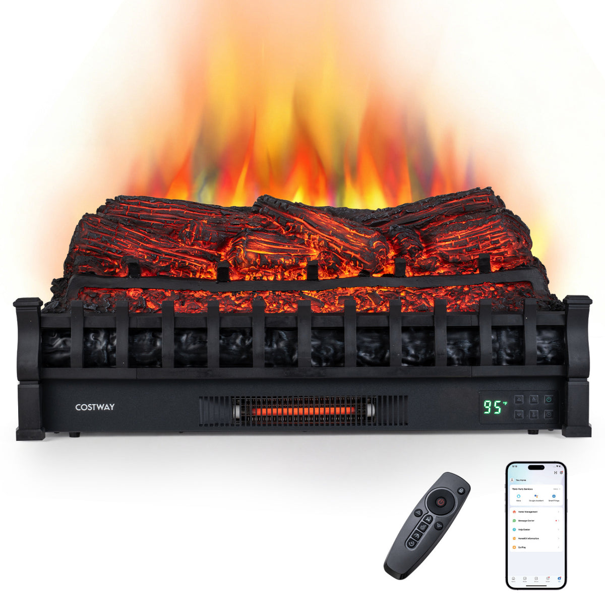 30 inches WiFi Fireplace Insert Pinewood Set with App and Remote-Black