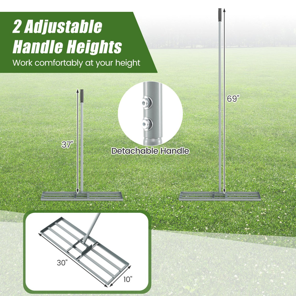 30 x 10 Inch Heavy Duty Lawn Level Tool with 69 Inch Handle-Silver view 6