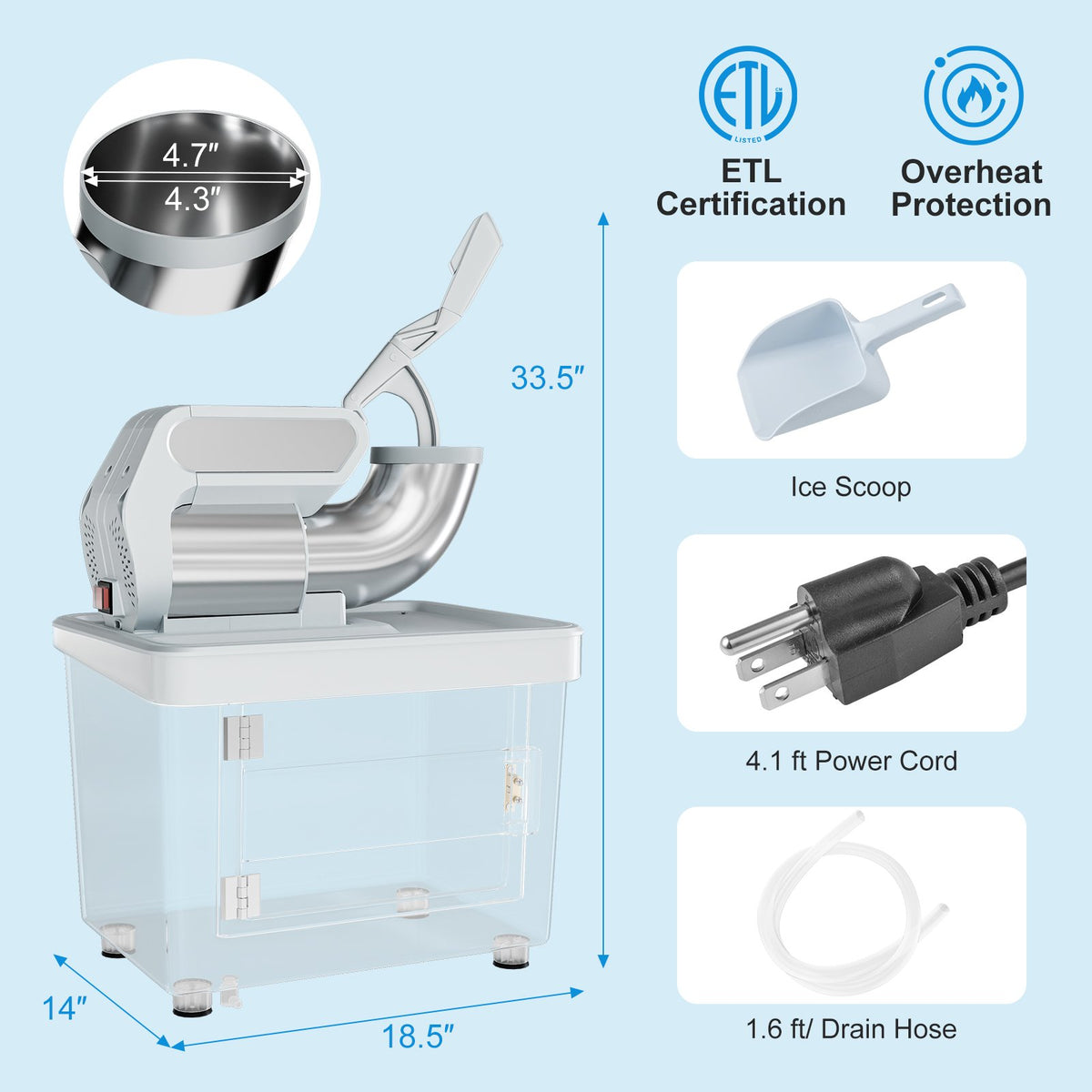 300W Commercial Ice Crusher with Dual Blades and Safety Switch-Gray view 3