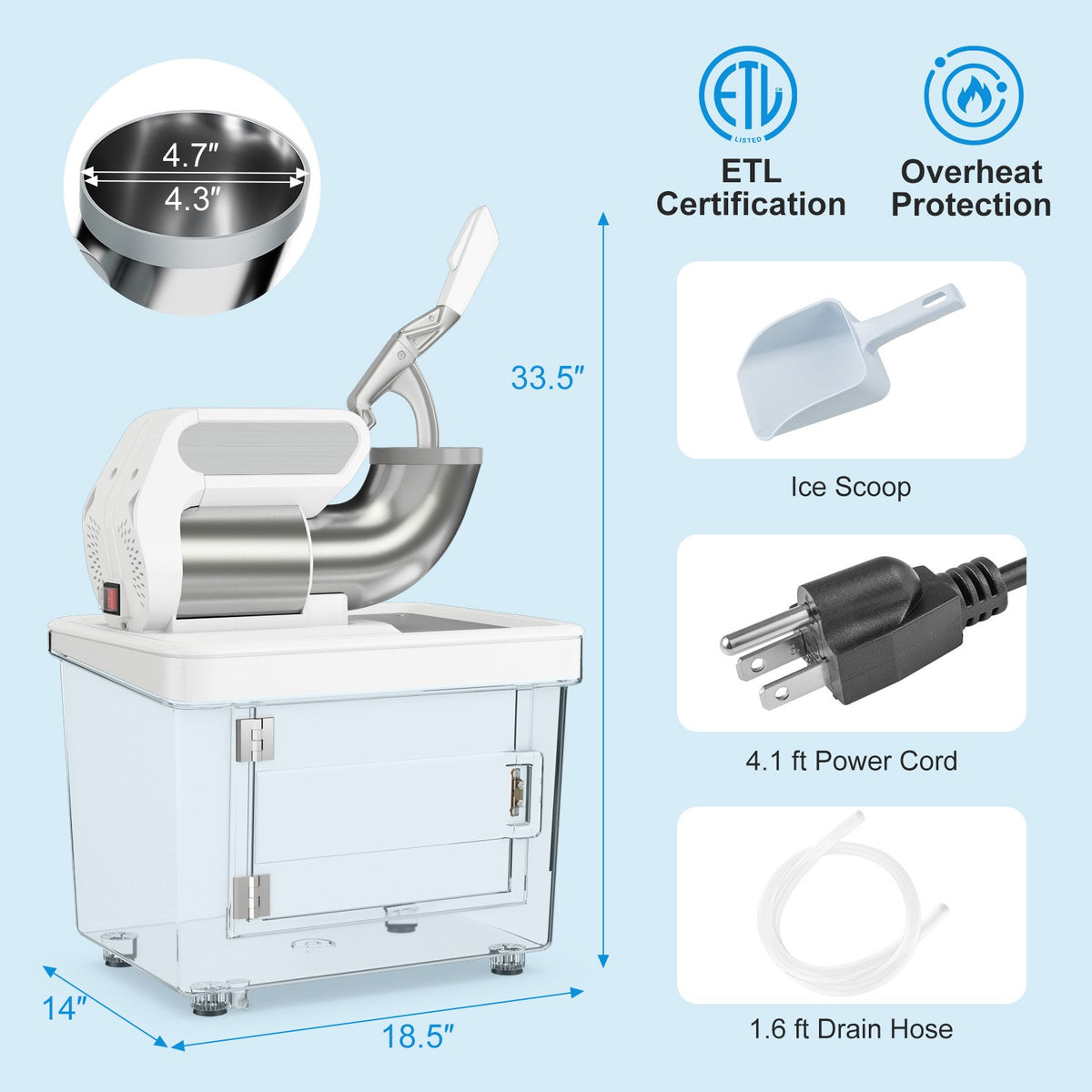 300W Commercial Ice Crusher with Dual Blades and Safety Switch-White view 3