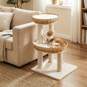 30-Inch Cat Tower with 2 Rattan Cat Baskets for Indoor Kittens-Beige view 3
