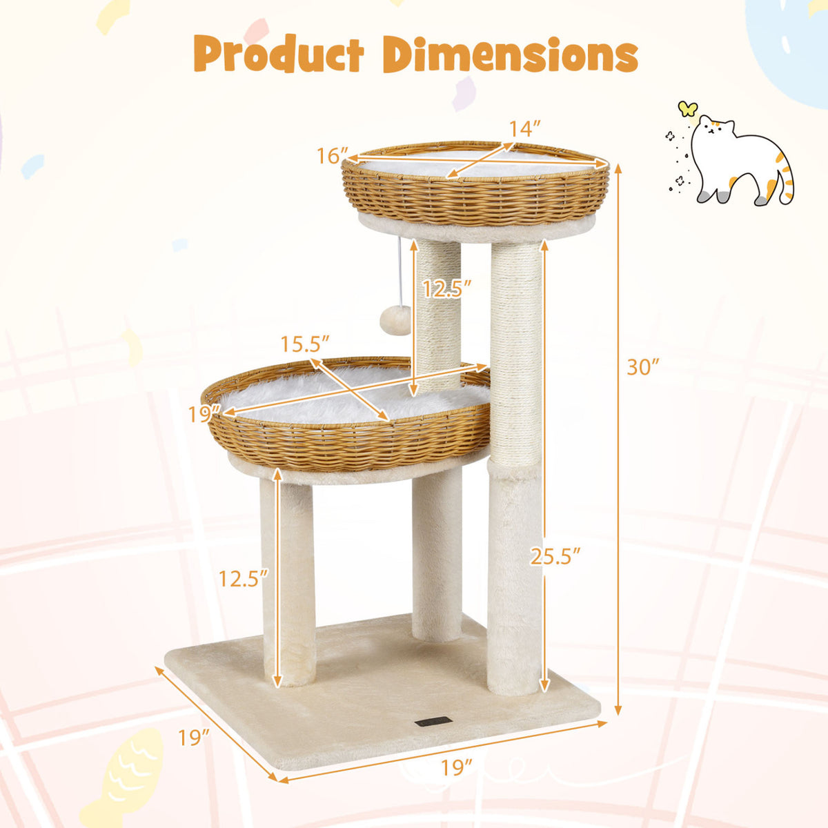 30-Inch Cat Tower with 2 Rattan Cat Baskets for Indoor Kittens-Beige view 5
