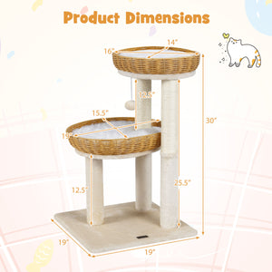 30-Inch Cat Tower with 2 Rattan Cat Baskets for Indoor Kittens-Beige view 5