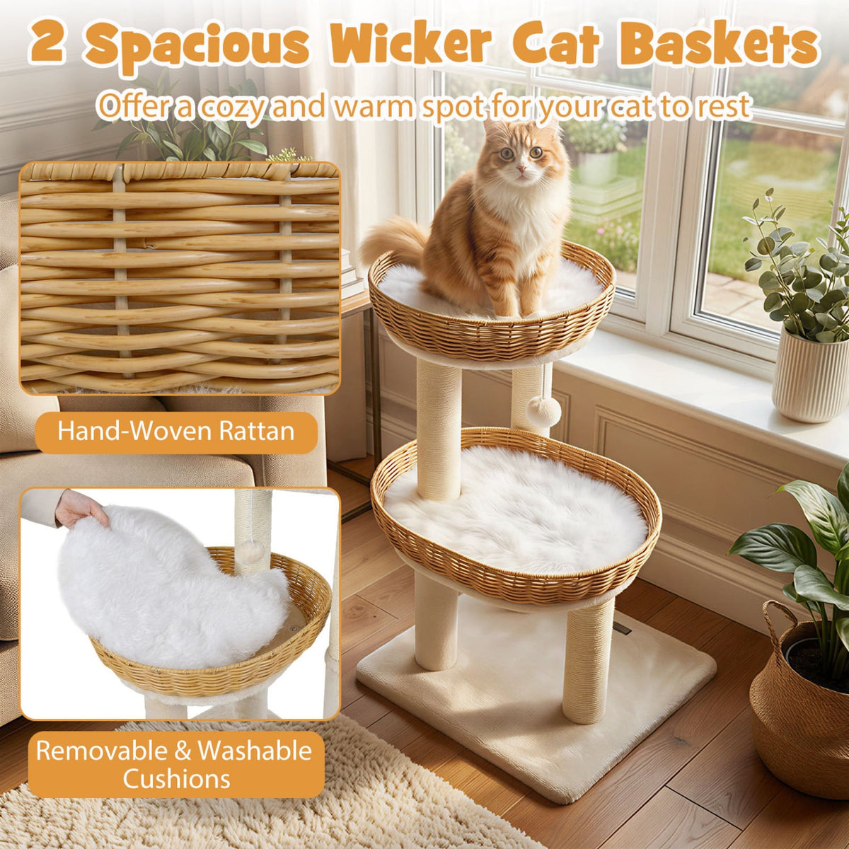 30-Inch Cat Tower with 2 Rattan Cat Baskets for Indoor Kittens-Beige view 6