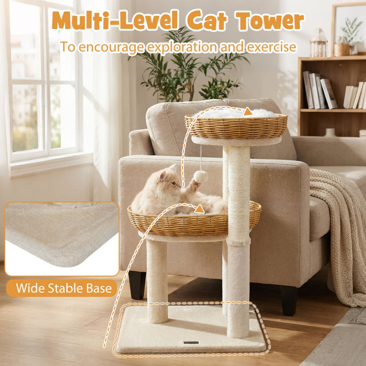 30-Inch Cat Tower with 2 Rattan Cat Baskets for Indoor Kittens-Beige view 7