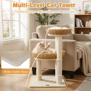30-Inch Cat Tower with 2 Rattan Cat Baskets for Indoor Kittens-Beige view 7