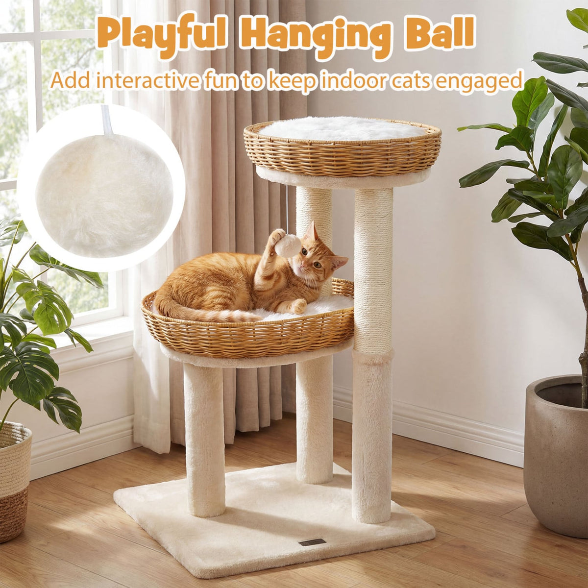 30-Inch Cat Tower with 2 Rattan Cat Baskets for Indoor Kittens-Beige view 9