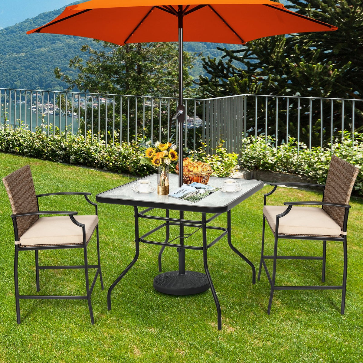 32 Inch Patio Tempered Glass Steel Frame Square Table view 2