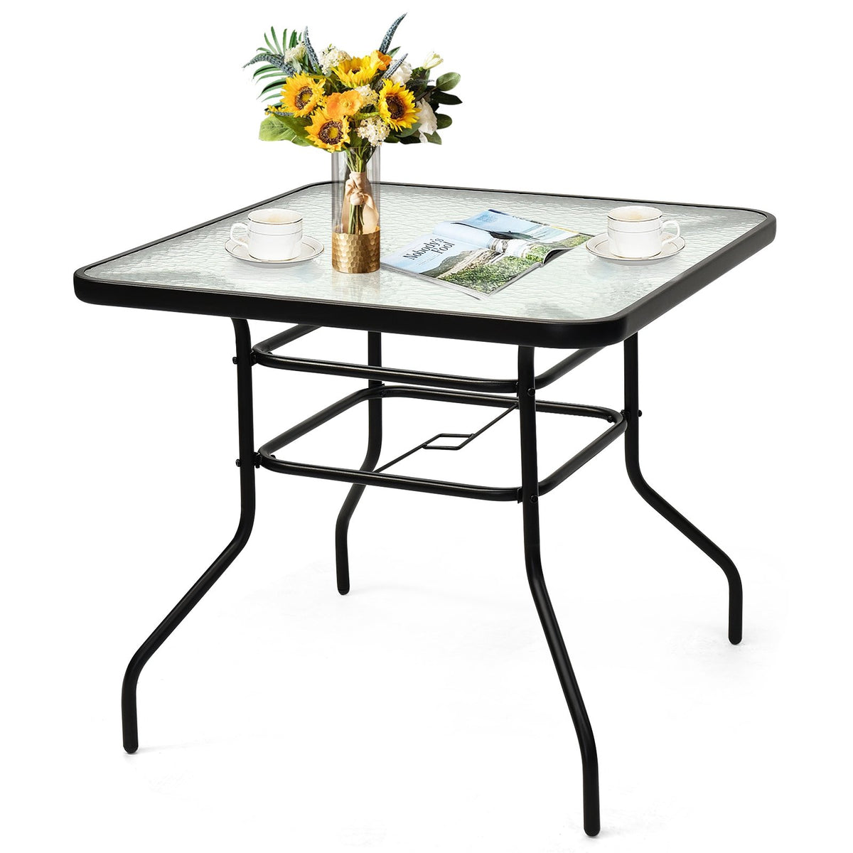 32 Inch Patio Tempered Glass Steel Frame Square Table view 4