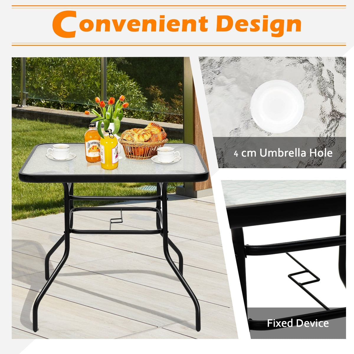 32 Inch Patio Tempered Glass Steel Frame Square Table view 6