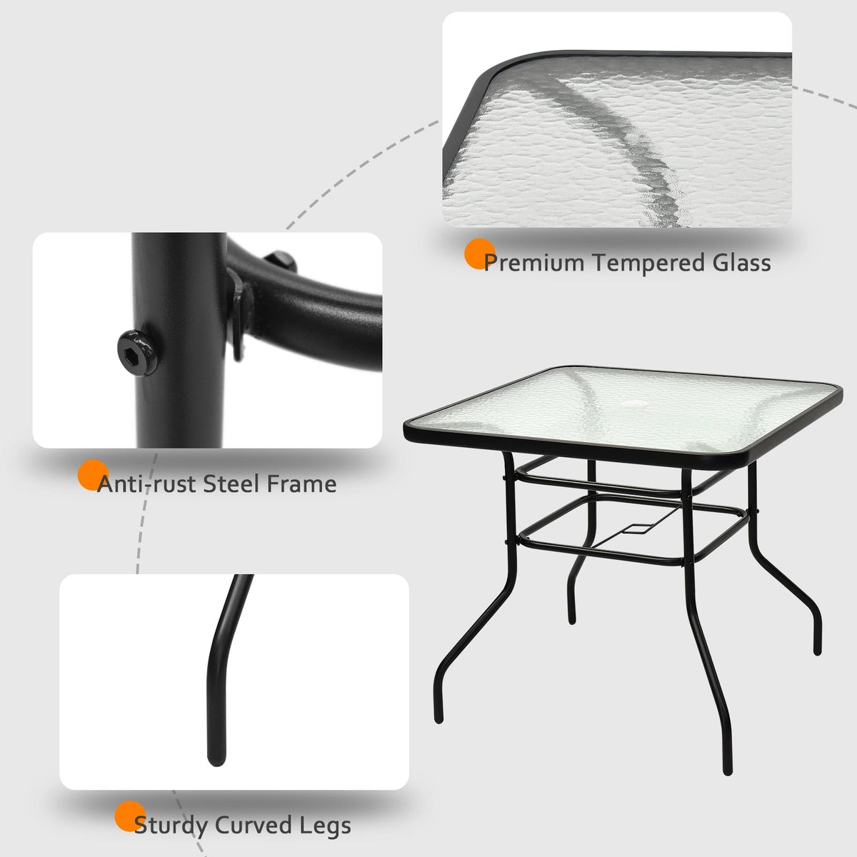 32 Inch Patio Tempered Glass Steel Frame Square Table view 9