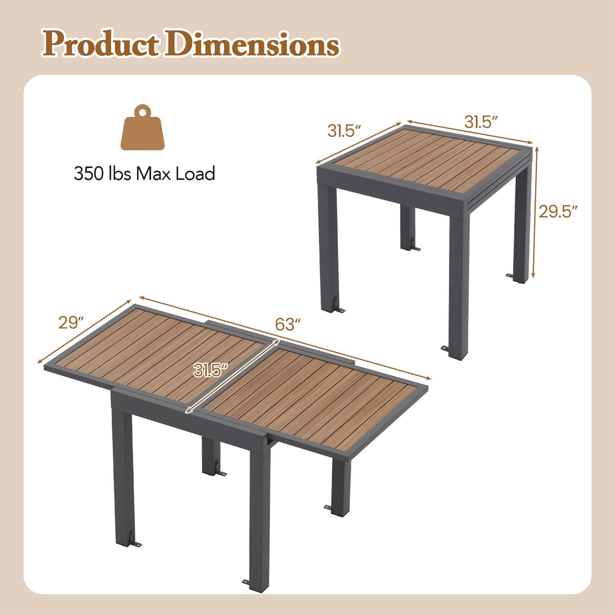 31.5-63 Inches Extendable Patio Table for 4-6 People-Natural view 5