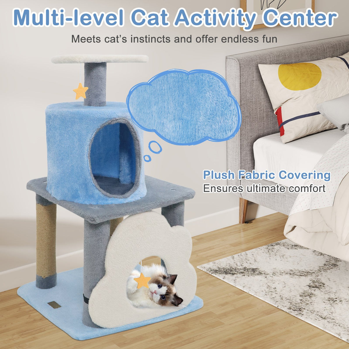 31.5 inches Cute Modern Cat Tree Multi-Level Kitten Tower-Blue view 7